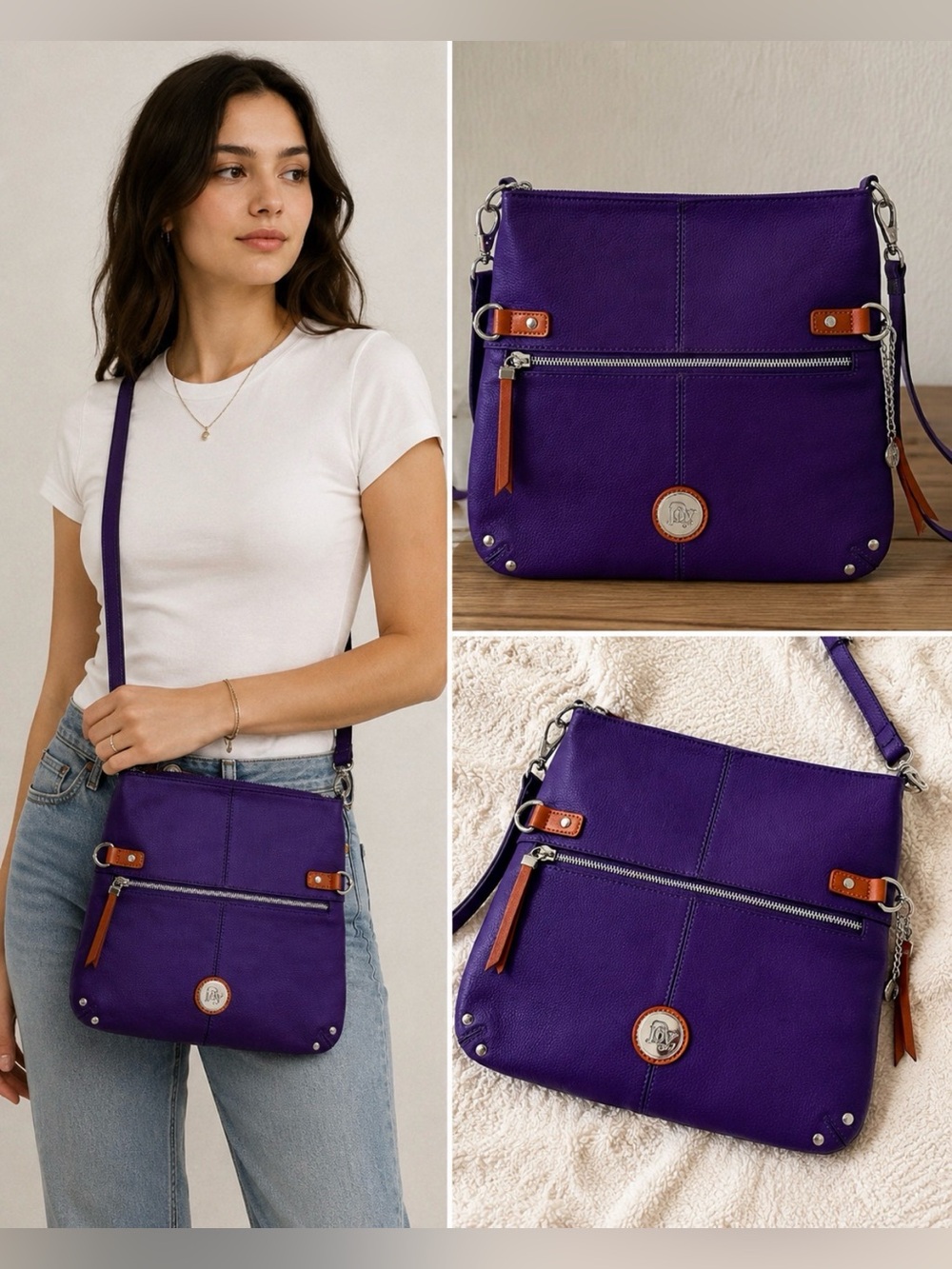 Joy & Iman Purple Crossbody Bag with Tan Accents